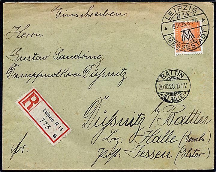 45 pfg. Ebert single på anbefalet brev fra Leipzig d. 19.10.1928 til Düssnitz b. Battin.