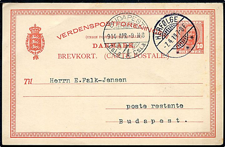 10 øre Fr. VIII helsagsbrevkort annulleret med brotype Ia Herfølge d. 7.4.1914 til poste restante i Budapest, Ungarn.