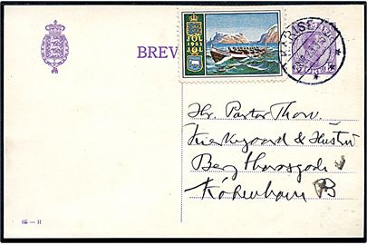 15 øre Chr. X helsagsbrevkort (fabr. 65-H) med Julemærke 1923 fra Karise d. 29.12.1923 til København.