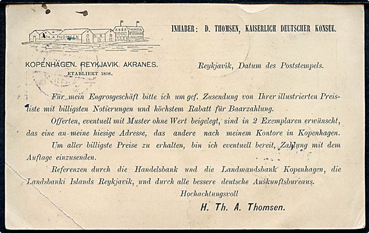 5 aur helsagsbrevkort sendt som tryksag fra Reykjavik d. 7.9.1901 til Frankfurt, Tyskland. Retur med 2-sproget returetiket Unbekennt og ank.stemplet i Reykjavik d. 8.10.1901. Folder.