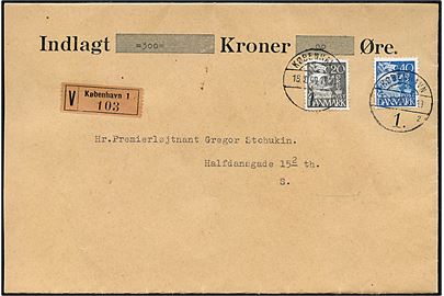 20 øre og 40 øre Karavel på lokalt værdibrev i København d. 18.10.1940. På bagsiden to laksegl fra Hans Majestæt Kongens Intendantur.