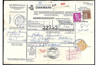 75 øre Fr. IX og 1 kr. Rigsvåben, samt 10 øre Gebyr, på internationalt adressekort for pakke fra Varde d. 19.12.1959 Røykenvik, Norge.