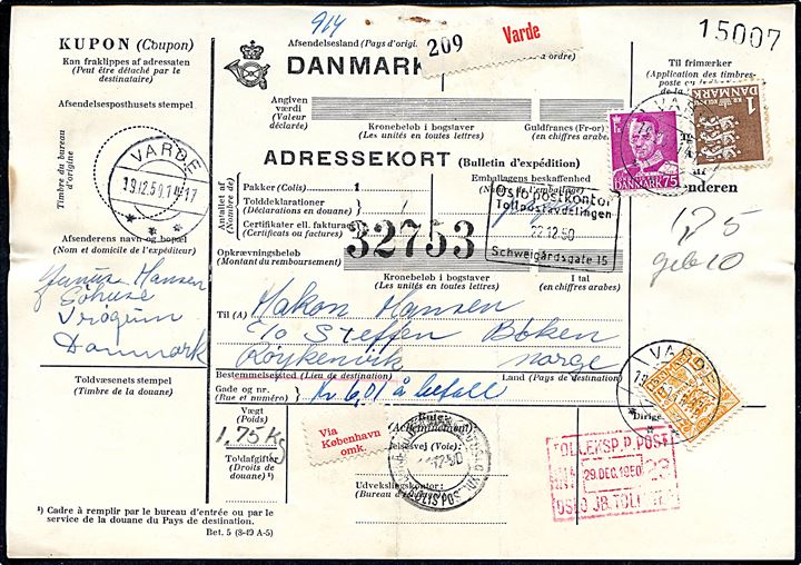 75 øre Fr. IX og 1 kr. Rigsvåben, samt 10 øre Gebyr, på internationalt adressekort for pakke fra Varde d. 19.12.1959 Røykenvik, Norge.