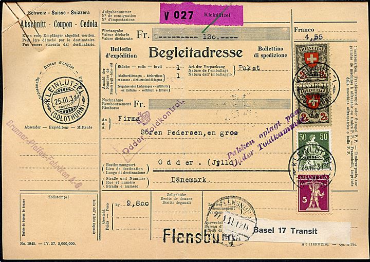 5 c., 50 c. og 2 fr. (par) på 4,55 fr. frankeret internationalt adressekort for pakke fra Kleinlützel d. 25.3.1931 via Deutsche Kartierungsstelle Basel og Den danske Pakkepostekspedition Flenburg til Odder, Danmark.