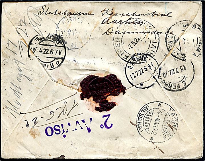 70 øre Chr. X single på anbefalet brev fra Aarhus *B.* d. 28.4.1922 til Taormina, Italien - eftersendt flere gange og endelig returneret til Aarhus. Nusset.