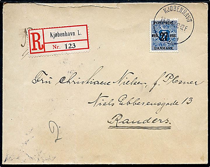 27/5 øre Provisorium single på overfrankeret anbefalet brev fra Kjøbenhavn d. 14.12.1918 til Randers.