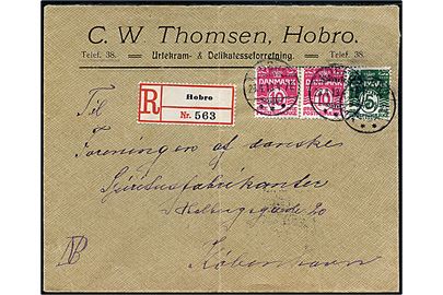 5 øre og 10 øre (par) Bølgelinie på anbefalet brev fra Hobro d. 28.4.1913 til København. Lodret fold.