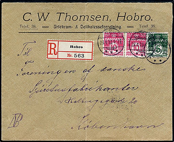 5 øre og 10 øre (par) Bølgelinie på anbefalet brev fra Hobro d. 28.4.1913 til København. Lodret fold.