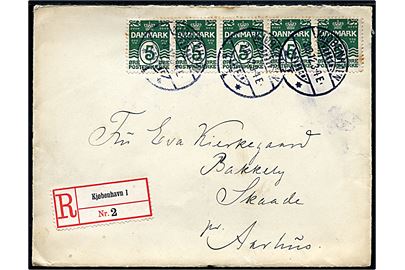 5 øre Bølgelinie i vandret 5-stribe på anbefalet brev fra Kjøbenhavn d. 3.10.1912 til Skaade pr. Aarhus.