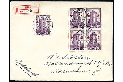 5+10 øre Røde Kors provisorium i single og fireblok på anbefalet brev fra Ribe d. 5.10.1944 til København.