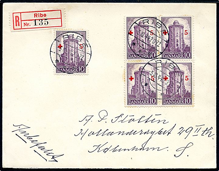 5+10 øre Røde Kors provisorium i single og fireblok på anbefalet brev fra Ribe d. 5.10.1944 til København.
