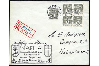 8 øre Bølgelinie i single og fireblok på anbefalet brev annulleret med brotype IIc Snapind d. 16.8.1935 til København. Blanco-rec.-etiket med blåt liniestempel Snapind.