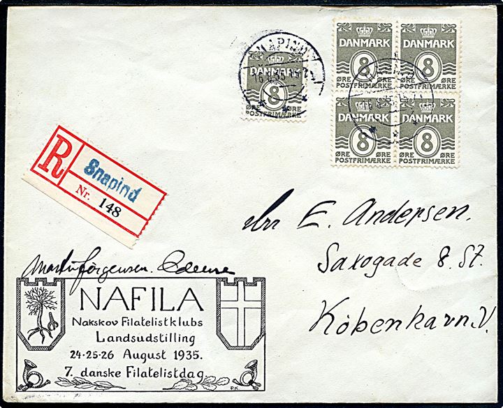 8 øre Bølgelinie i single og fireblok på anbefalet brev annulleret med brotype IIc Snapind d. 16.8.1935 til København. Blanco-rec.-etiket med blåt liniestempel Snapind.