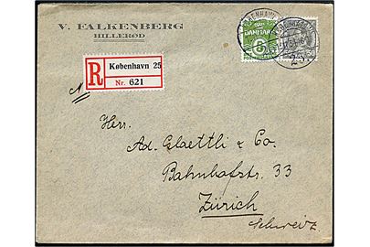 5 øre Bølgelinie og 50 øre Chr. X på anbefalet brev fra København d. 13.11.1934 til Zürich. Schweiz.
