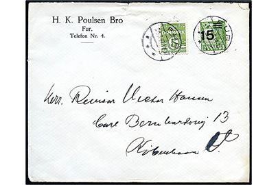 5 øre Bølgelinie og 15/40 øre Provisorium på brev annulleret brotype IIc Fur d. 24.3.1941 til København.