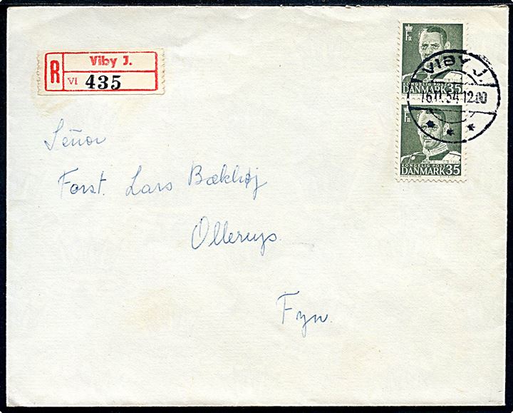 35 øre Fr. IX i lodret parstykke på anbefalet brev fra Viby J. d. 16.11.1954 til Ollerup.