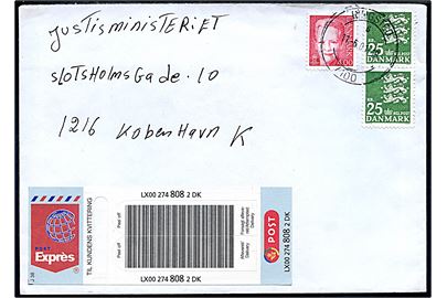 4 kr. Margrethe og 25 kr. Rigsvåben i parstykke på ekspresbrev med J38 Post Exprés stregkodelabel annulleret med brotype VIII Ringsted 6 4100 d. 11.6.2001 til København.