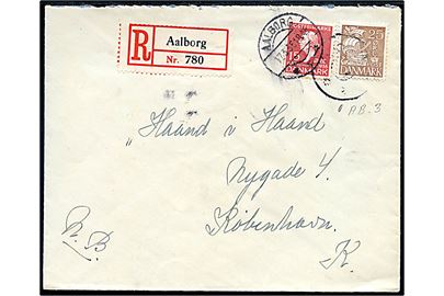 15 øre H. C. Andersen og 25 øre Karavel på anbefalet brev annulleret med svagt udslebet stjernestempel Ab.3. og sidestemplet Aalborg d. 17.3.1936 til København.