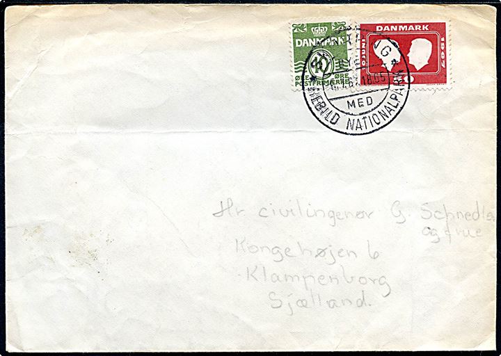 10 øre Bølgelinie og 50 øre Margrethe bryllup på brev annulleret med turiststempel i Skørping d. 6.7.1967 til Klampenborg. Sendt fra spejder i 1 Virum trop, DDP Furesø Div. Lejr i Hanebakkerne pr. Skørping.