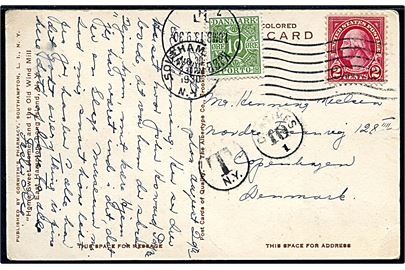 Amerikansk 2 cents Washington på underfrankeret brevkort fra Southampton N.Y. d. 30.8.1930 til København, Danmark. Amerikansk portostempel og udtakseret i porto med 10 øre Portomærke stemplet Kjøbenhavn d. 13.9.1930.
