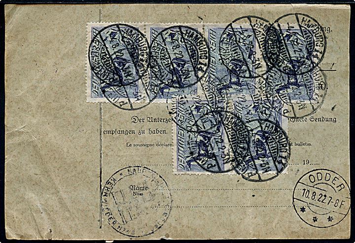 5 mk./75 pfg. Provisorium og 20 mk. Plovmand (6) på for- og bagside af 125 mk. frankeret infla adressekort for pakke fra Hamburg Freihafen d. 4.8.1922 via Fredericia til Odder, Danmark.