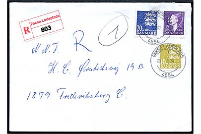 5 kr. Margrethe med perfin H (= Hjemmeværnet), 10 kr. og 20 kr. Rigsvåben på anbefalet brev annulleret med brotype VIII Fakse Ladeplads 1 4654 d. 20.5.2000 til København. Stempel benyttet ca. 5 år senere end registreret af Bendix.