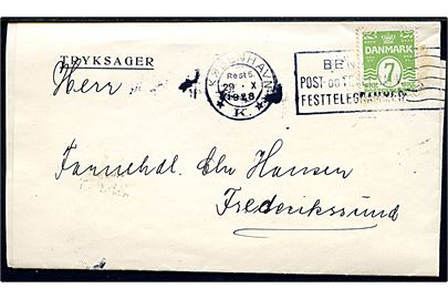 7 øre Bølgelinie på tryksag annulleret med TMS København *K.* / Benyt Post- og Telegrafv. Festtelegrammer (kliche 1) d. 29.10.1928 med tidsangivelse Rest 5 til Frederikssund. Rest 5 er ikke tidligere set på TMS 15.1.