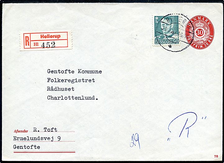 30 øre helsagskuvert (fabr. 78) opfrankeret med 50 øre Fr. IX sendt anbefalet fra Hellerup d. 27.?.1957 til Charlottenlund.