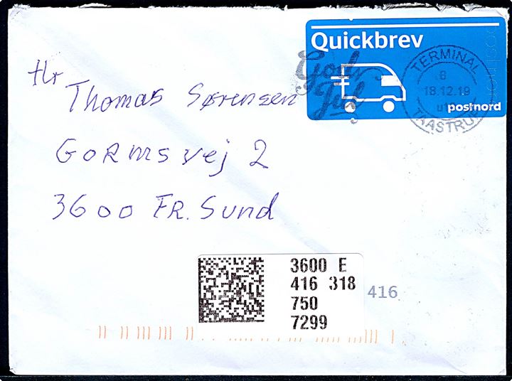 Quickbrev mærkat på brev fra Korsør stemplet God Jul/Terminal Taastrup d. 18.12.2019 til Frederikssund.