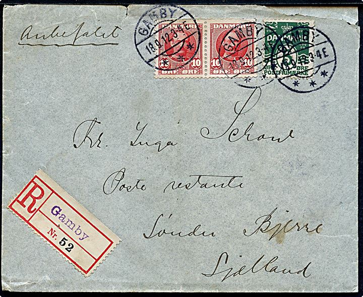 5 øre Bølgelinie og 10 øre Fr. VIII (par) på anbefalet brev annulleret med brotype IIa Gamby d. 18.9.1912 til Sønder Bjerre. Blanco-rec.-etiket med violet stempel Gamby.