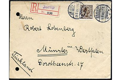 20 øre og 50 øre Chr. X på anbefalet brev fra jerup d. 26.8.1923 til Münster, Tyskland. Blanco.-rec.-etiket med liniestempel Jerup. 2 arkivhuller.
