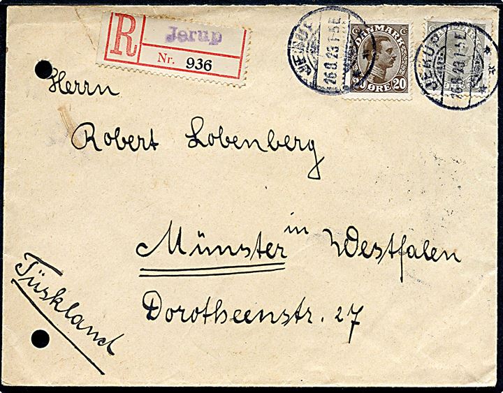 20 øre og 50 øre Chr. X på anbefalet brev fra jerup d. 26.8.1923 til Münster, Tyskland. Blanco.-rec.-etiket med liniestempel Jerup. 2 arkivhuller.