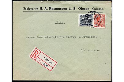 10 øre Chr. X og 20 øre Genforening på anbefalet lokalbrev i Odense d. 14.12.1920.