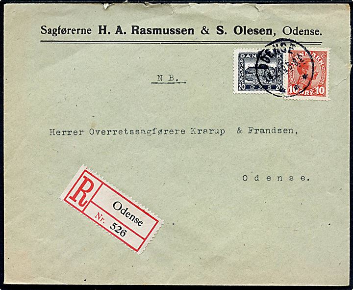 10 øre Chr. X og 20 øre Genforening på anbefalet lokalbrev i Odense d. 14.12.1920.
