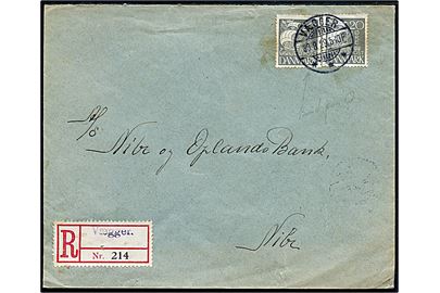 20 øre Karavel i parstykke på anbefalet brev annulleret med brotype Ia Vægger d. 30.8.1929 til Nibe. Blanco-rec.-etiket med stempel Vægger.
