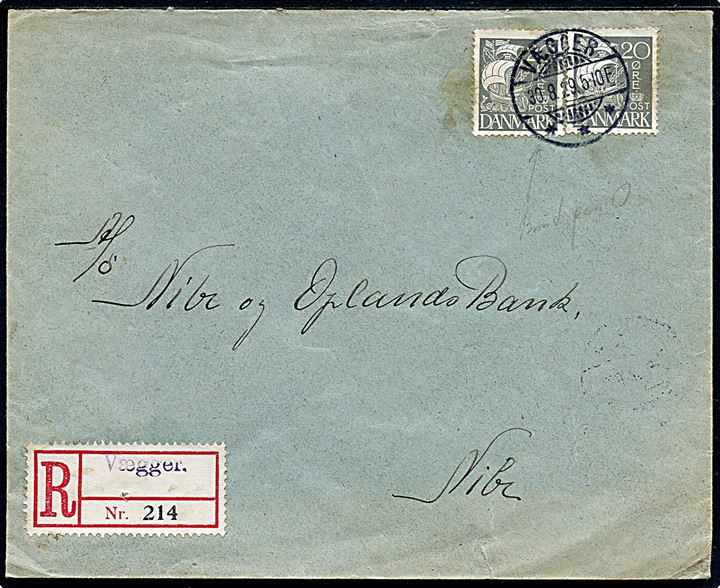 20 øre Karavel i parstykke på anbefalet brev annulleret med brotype Ia Vægger d. 30.8.1929 til Nibe. Blanco-rec.-etiket med stempel Vægger.