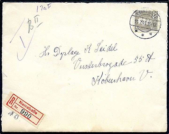50 øre Chr. X single på anbefalet brev fra Nørreballe d. 15.7.1949 til København.