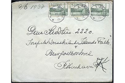 5 øre regentjubilæum (3) på brev fra Dragør d. 9.3.1937 til sømand ombord på Inspektionsskibet Islands Falk via Brevpostkontoret København K.