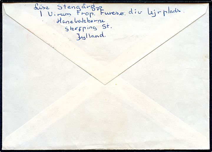 10 øre Bølgelinie og 50 øre Margrethe bryllup på brev fra Skørping d. 4.7.1967 til Virum. Sendt fra spejder i DDP 1 Virum Trop, Furesø Div. Lejrplads Hanebakkerne, Skørping. 