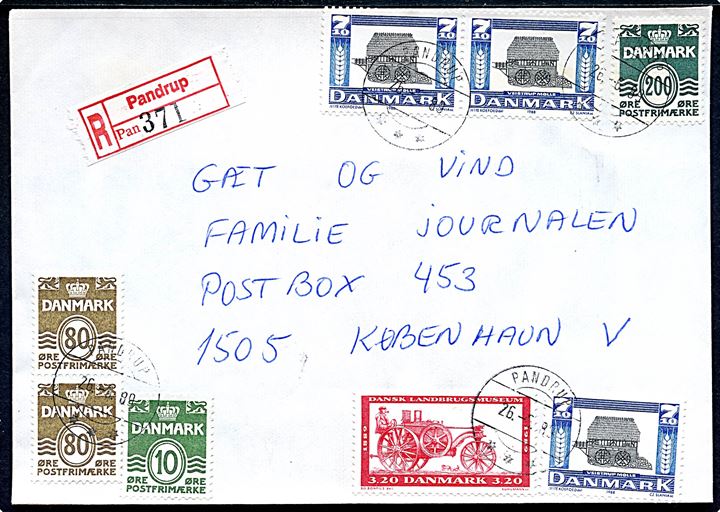 10 øre, 80 øre (par), 200 øre Bølgelinie, 3,20 kr. Landbrugsmuseum og 7,10 kr. Møller (3) på anbefalet brev annulleret med postsparestempel Pandrup d. 26.6.1989 til København.