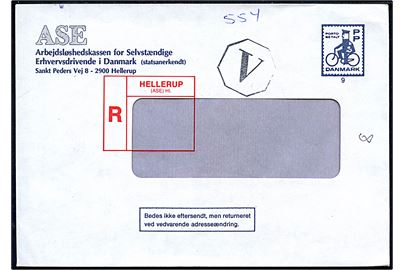 ASE Arbejdsløshedskassen for Selvstændige Erhvervsdrivende fortrykt anbefalet PP rudekuvert med cyklende postbud (no. 9) og fortrykt rec-etiket Hellerup (ASE) Hl.. Anmeldt ved København V.