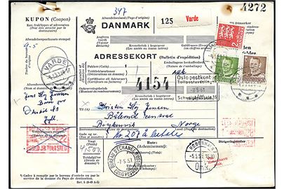 115 øre, 20 øre Fr. IX og 2 kr. Rigsvåben på internationalt adressekort for pakke fra Varde d. 4.5.1951 til Røykenvik, Norge.