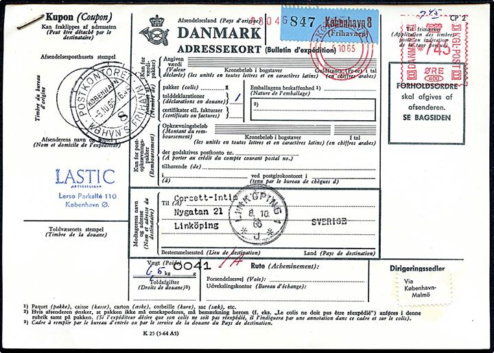 7,45 kr. firmafranko på internationalt adressekort fra København 8 (Frihavnen) d. 5.10.1965 til Linköping, Sverige.