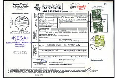 25 øre Bølgelinie og 1,30 kr. Rigsvåben i parstykke på 2,85 øre frankeret internationalt adressekort for pakke fra Fredericia d. 1.10.1965 til Linköping, Sverige.
