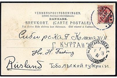 10 øre Våben på brevkort fra Kjøbenhavn d. 5.4.1905 til dansker ved Sibirisk Kompagni i Kurgan, Sibirien.