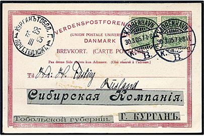 5 øre Våben i parstykke på brevkort fra Kjøbenhavn d. 30.3.1905 til dansker i Sibirisk Kompagni i Kurgan, Sibirien, Rusland.