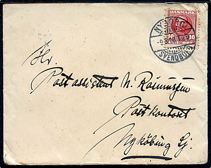 10 øre Fr. VIII på brev annulleret med bureaustempel Nyborg - Svendborg T.29 d. 9.5.1910 til Nykøbing Sj.