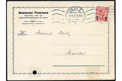 7/20 øre Provisorium med perfin B.P. på brevkort fra firma Brødrene Pedersen i Vejle d. 7.11.1927 til Marslev. 2 arkivhuller. 