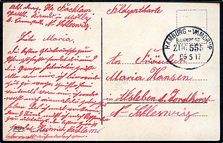 Ufrankeret feltpostkort fra Sommersted med bureaustempel Hamburg - Vamdrup Bahnpost Zug 555 d. 26.5.1917 til Jordkirch.