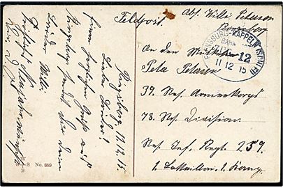 Ufrankeret feltpostkort fra Ringsberg med bureustempel Flensburg - Kappeln (Schlei.) Bahnpost Zug 12 d. 11.12.1915 til soldat ved Res. Inf. Regt. 259.
